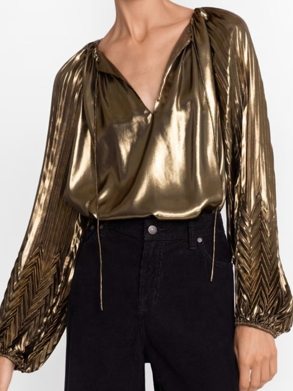 Johnny Was Metallic Gold V-Neck Long-Sleeve Blouse